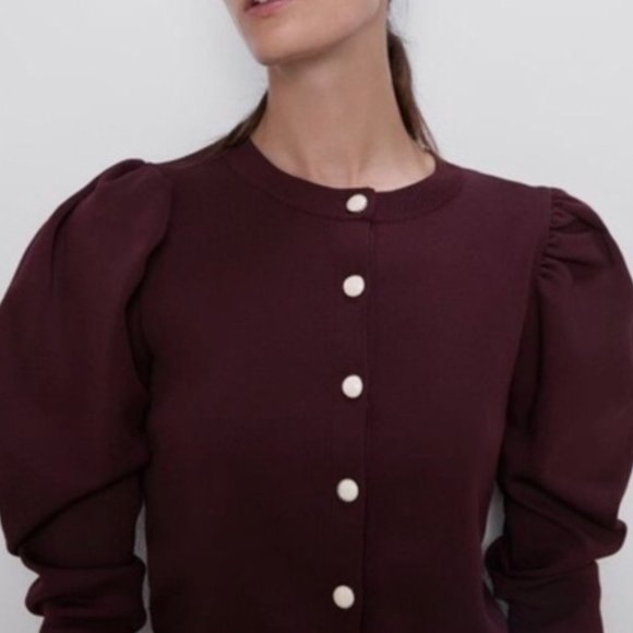 NWOT Zara ribbed puff sleeves cardigan size M burgundy - Picture 1 of 3